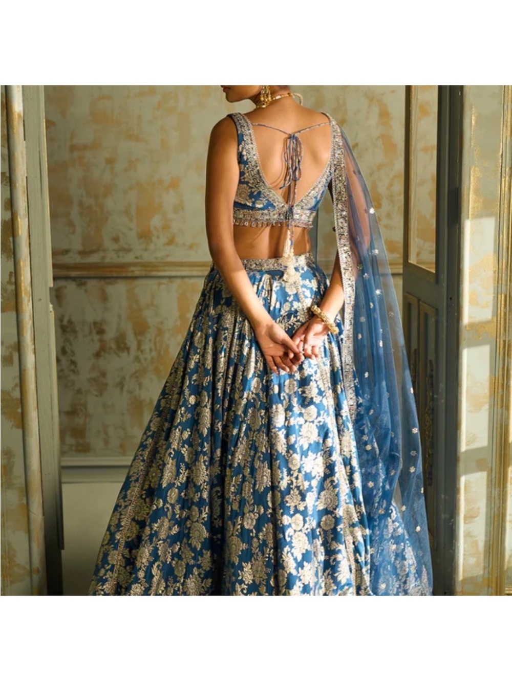 Elegant Navy Blue and Gold Embroidered Lehenga - Picture 3 of 4